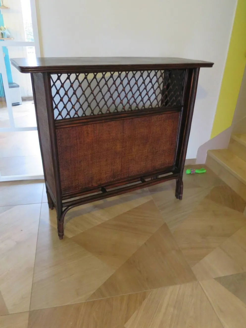 Rare vintage meuble de bar étagère bois rotin tressé années 80 rétro