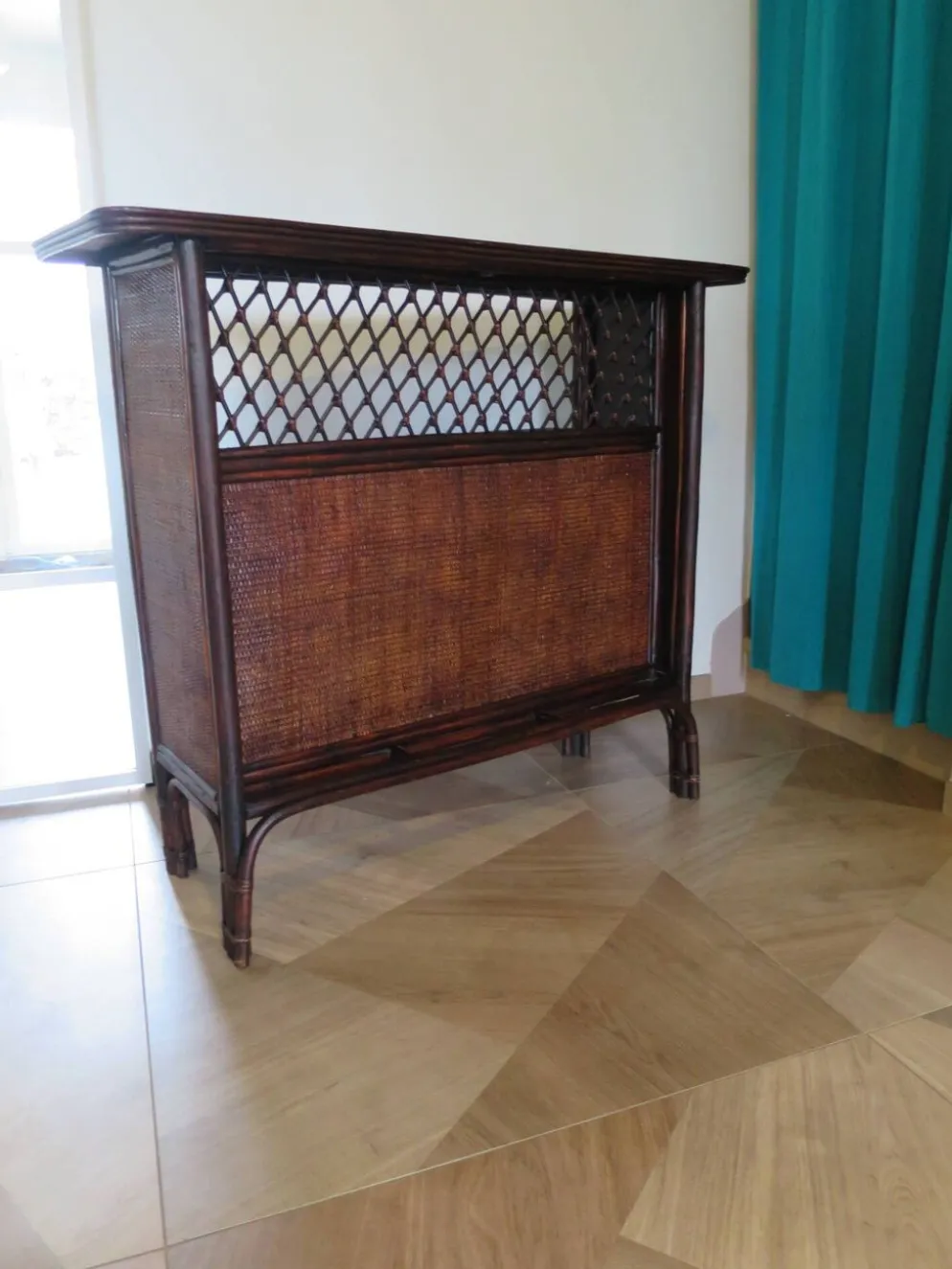 Rare vintage meuble de bar étagère bois rotin tressé années 80 rétro