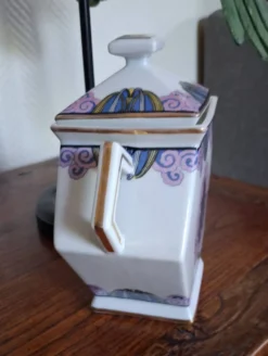 Rarissime sucrier Art Déco en porcelaine à motif fontaine stylisée – H