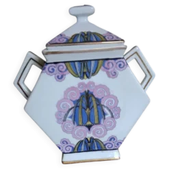 Rarissime sucrier Art Déco en porcelaine à motif fontaine stylisée – H