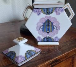 Rarissime sucrier Art Déco en porcelaine à motif fontaine stylisée – H