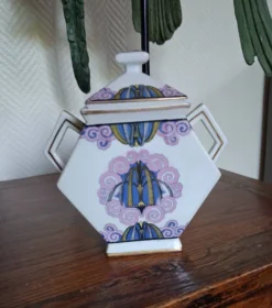 Rarissime sucrier Art Déco en porcelaine à motif fontaine stylisée – H