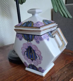 Rarissime sucrier Art Déco en porcelaine à motif fontaine stylisée – H