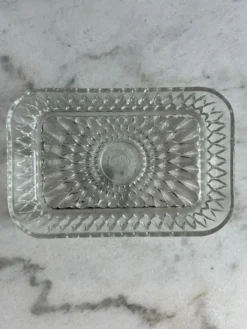 Ravier ancien Duralex — Verre moulé transparent, motif soleil