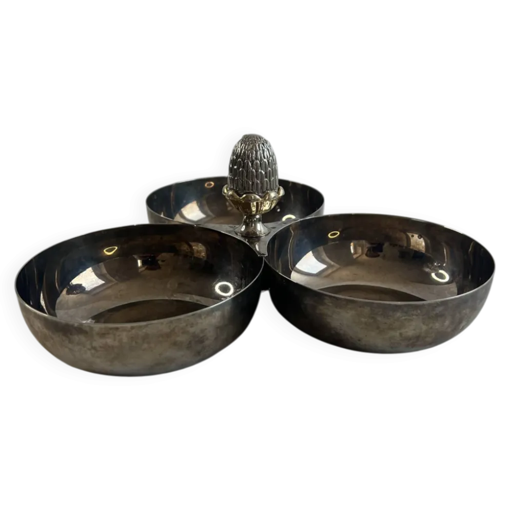 Ravier triple en métal argenté — 3 coupelles, prise en pomme de pin