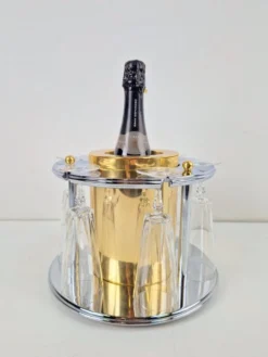 Refroidisseur à champagne en laiton avec porte-verres et flûtes en cristal par Hans Turnwald pour Freddotherm, Allemagne, années 1960, ensemble de 7.