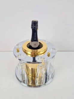 Refroidisseur à champagne en laiton avec porte-verres et flûtes en cristal par Hans Turnwald pour Freddotherm, Allemagne, années 1960, ensemble de 7.