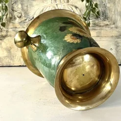 Refroidisseur à champagne vintage en laiton et émail vert cloisonné avec tournesol