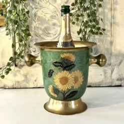 Refroidisseur à champagne vintage en laiton et émail vert cloisonné avec tournesol