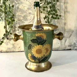 Refroidisseur à champagne vintage en laiton et émail vert cloisonné avec tournesol