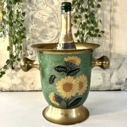 Refroidisseur à champagne vintage en laiton et émail vert cloisonné avec tournesol