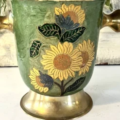Refroidisseur à champagne vintage en laiton et émail vert cloisonné avec tournesol