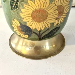 Refroidisseur à champagne vintage en laiton et émail vert cloisonné avec tournesol