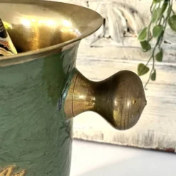 Refroidisseur à champagne vintage en laiton et émail vert cloisonné avec tournesol
