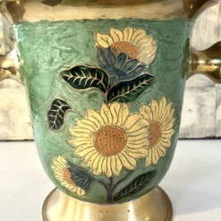 Refroidisseur à champagne vintage en laiton et émail vert cloisonné avec tournesol