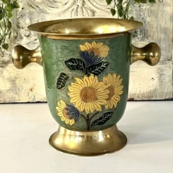Refroidisseur à champagne vintage en laiton et émail vert cloisonné avec tournesol