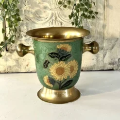 Refroidisseur à champagne vintage en laiton et émail vert cloisonné avec tournesol