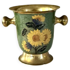 Refroidisseur à champagne vintage en laiton et émail vert cloisonné avec tournesol