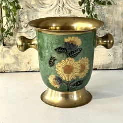 Refroidisseur à champagne vintage en laiton et émail vert cloisonné avec tournesol