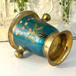 Refroidisseur en émail cloisonné, floral en laiton, vintage français, bleu, champagne.