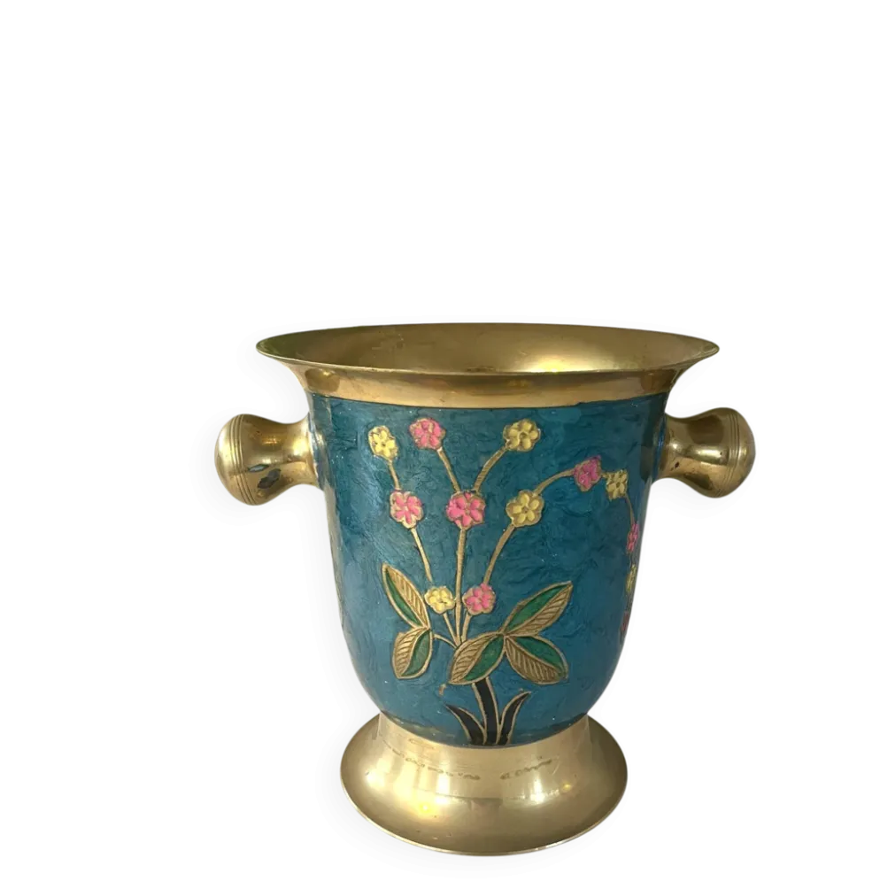 Refroidisseur en émail cloisonné, floral en laiton, vintage français, bleu, champagne.