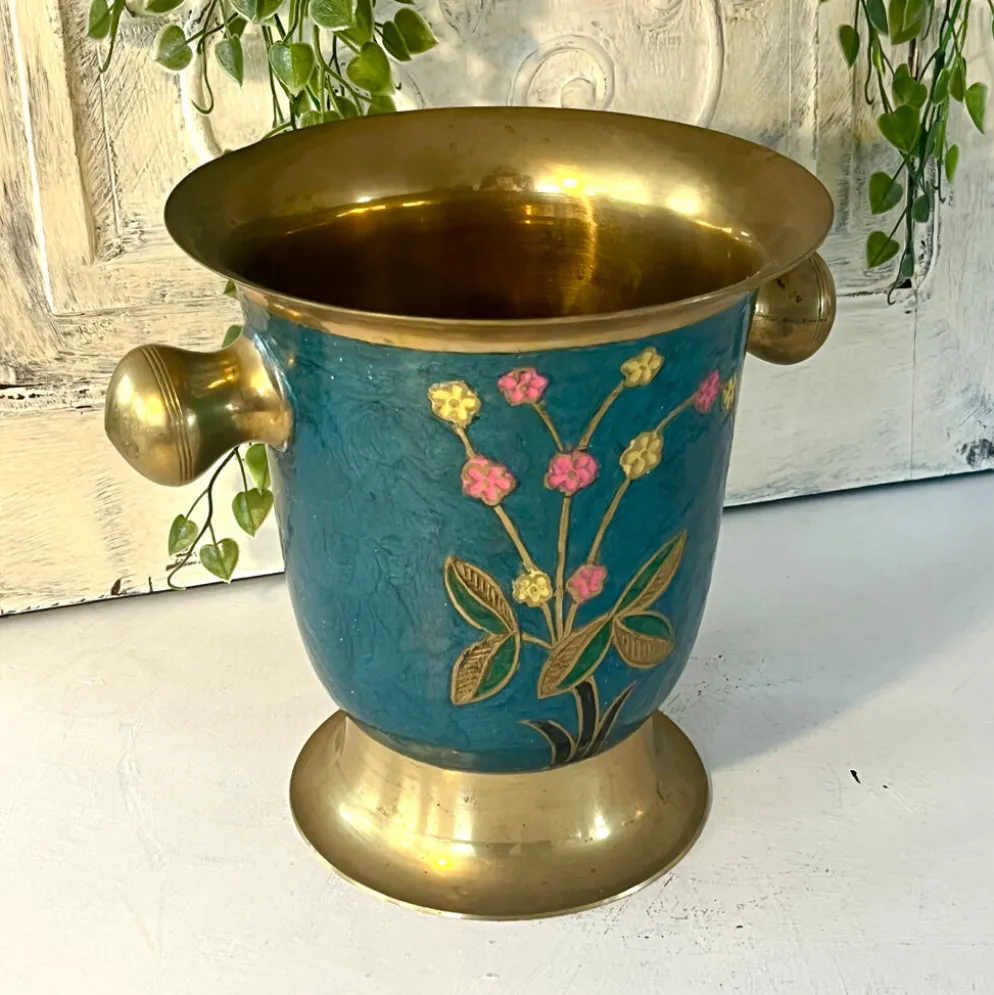 Refroidisseur en émail cloisonné, floral en laiton, vintage français, bleu, champagne.