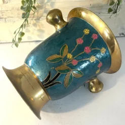 Refroidisseur en émail cloisonné, floral en laiton, vintage français, bleu, champagne.