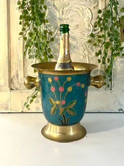 Refroidisseur en émail cloisonné, floral en laiton, vintage français, bleu, champagne.