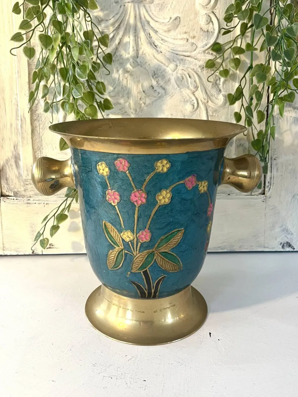 Refroidisseur en émail cloisonné, floral en laiton, vintage français, bleu, champagne.