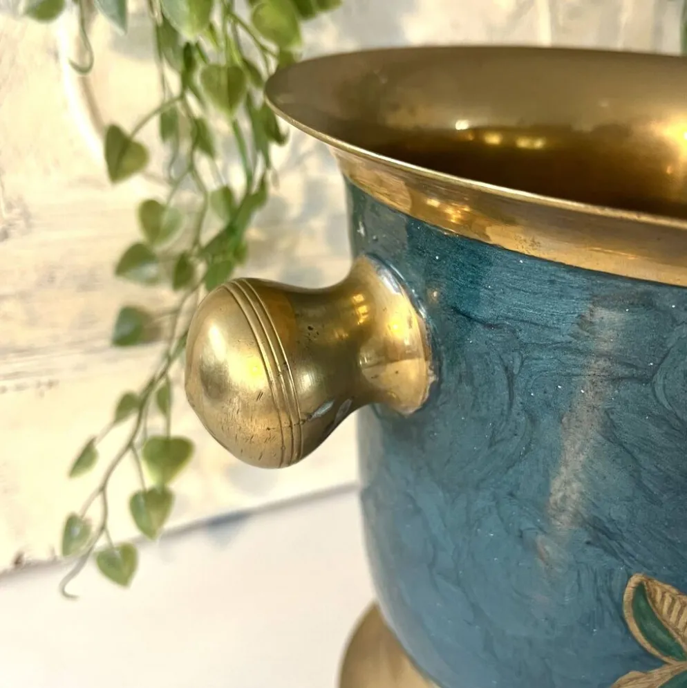 Refroidisseur en émail cloisonné, floral en laiton, vintage français, bleu, champagne.
