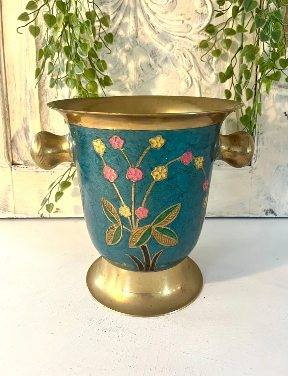 Refroidisseur en émail cloisonné, floral en laiton, vintage français, bleu, champagne.