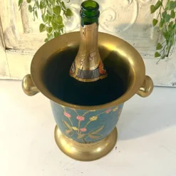Refroidisseur en émail cloisonné, floral en laiton, vintage français, bleu, champagne.