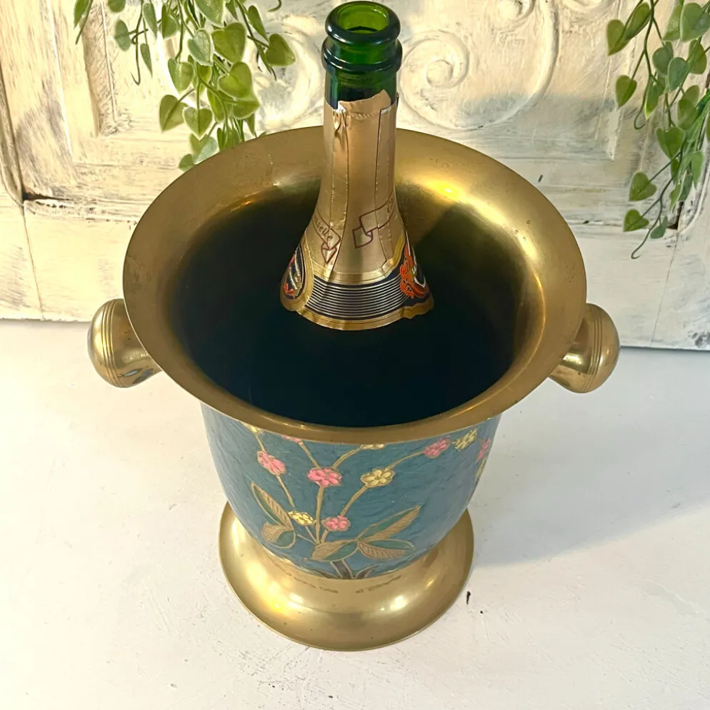 Refroidisseur en émail cloisonné, floral en laiton, vintage français, bleu, champagne.