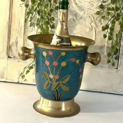 Refroidisseur en émail cloisonné, floral en laiton, vintage français, bleu, champagne.