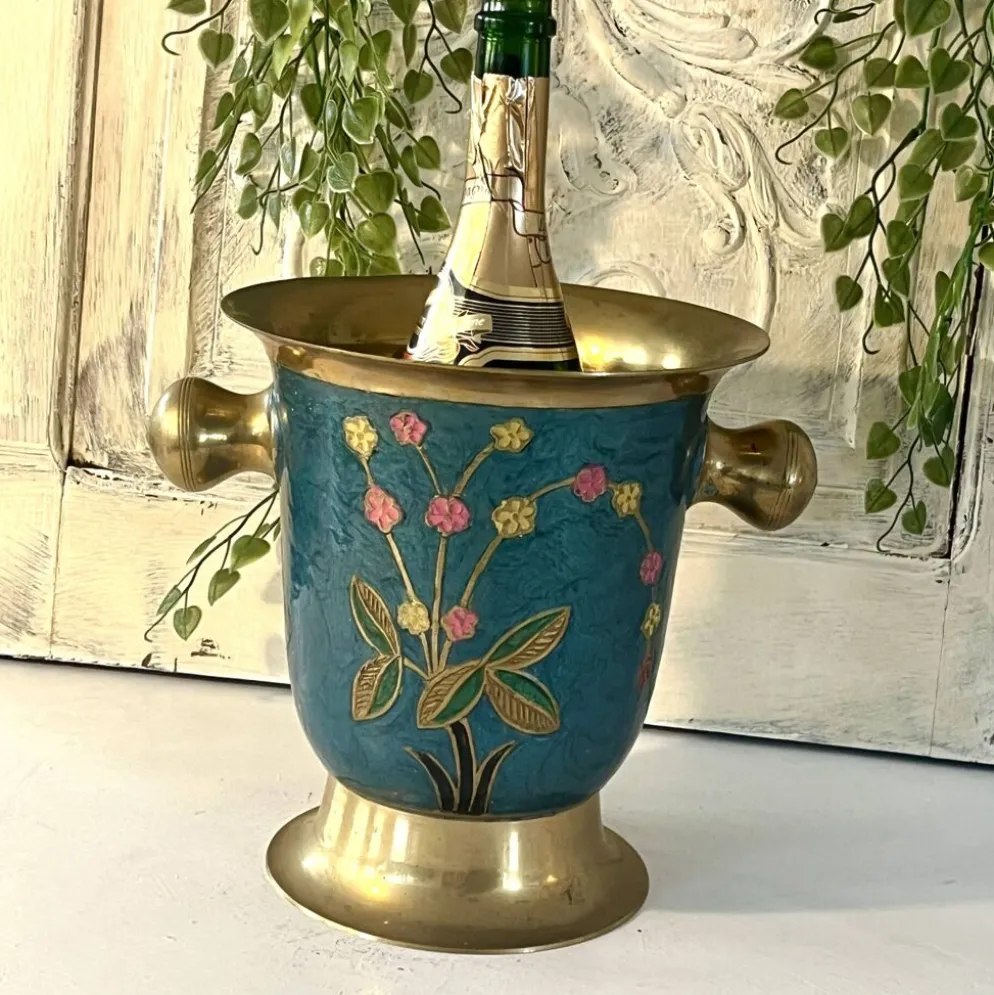 Refroidisseur en émail cloisonné, floral en laiton, vintage français, bleu, champagne.