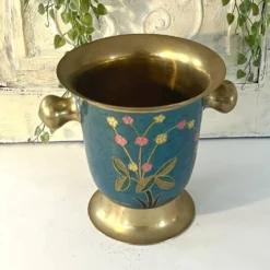 Refroidisseur en émail cloisonné, floral en laiton, vintage français, bleu, champagne.