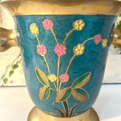 Refroidisseur en émail cloisonné, floral en laiton, vintage français, bleu, champagne.