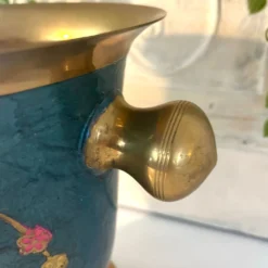 Refroidisseur en émail cloisonné, floral en laiton, vintage français, bleu, champagne.