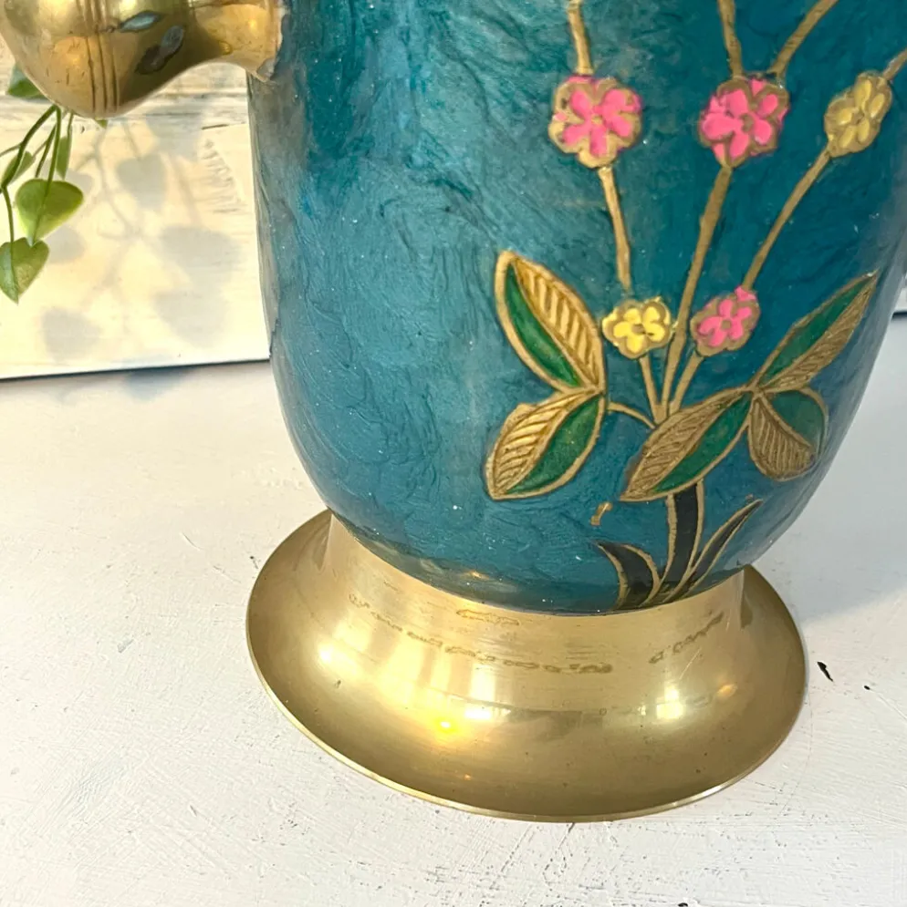 Refroidisseur en émail cloisonné, floral en laiton, vintage français, bleu, champagne.