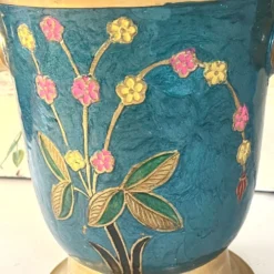 Refroidisseur en émail cloisonné, floral en laiton, vintage français, bleu, champagne.