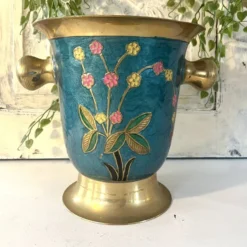 Refroidisseur en émail cloisonné, floral en laiton, vintage français, bleu, champagne.