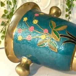 Refroidisseur en émail cloisonné, floral en laiton, vintage français, bleu, champagne.