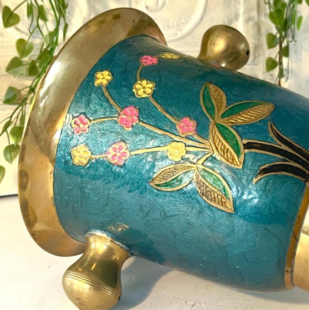 Refroidisseur en émail cloisonné, floral en laiton, vintage français, bleu, champagne.