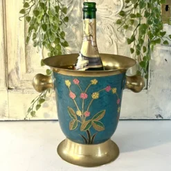 Refroidisseur en émail cloisonné, floral en laiton, vintage français, bleu, champagne.