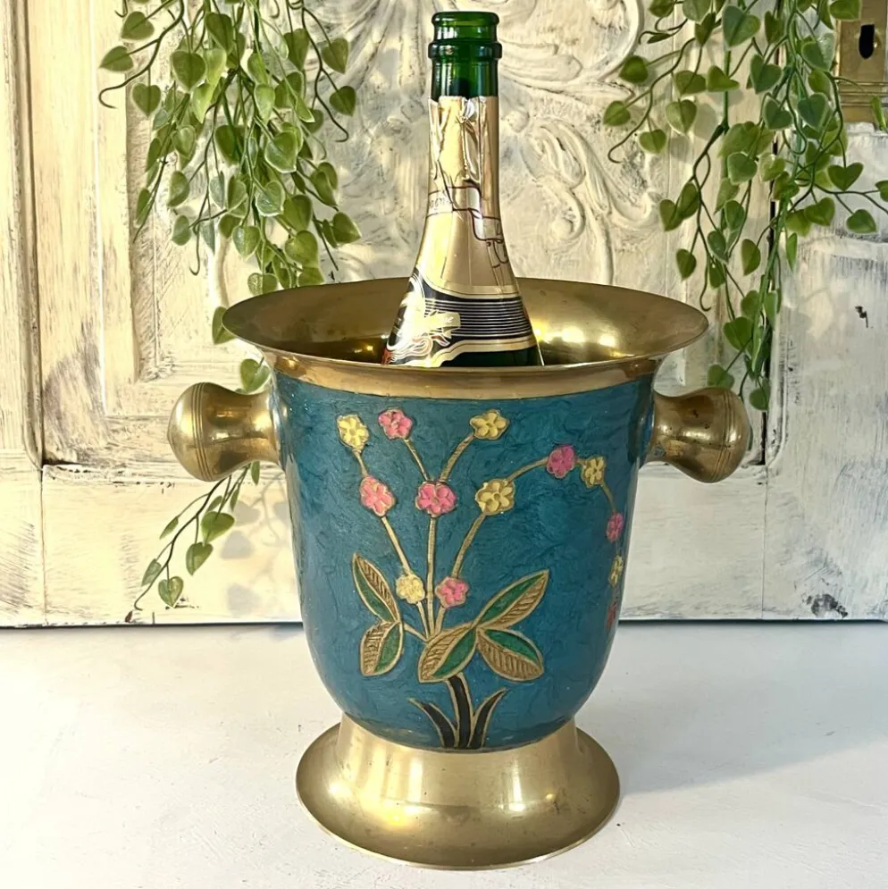 Refroidisseur en émail cloisonné, floral en laiton, vintage français, bleu, champagne.