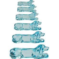 6 repose-couteaux Art déco français en verre bleu clair, années 1930 représentant un teckel ou basset