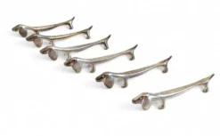 Repose-couteaux vintage, ensemble de six chiens teckels en argent, Italie, 20e siècle