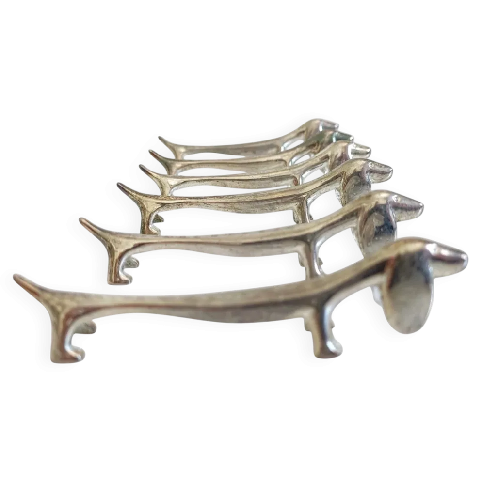 Repose-couteaux vintage, ensemble de six chiens teckels en argent, Italie, 20e siècle