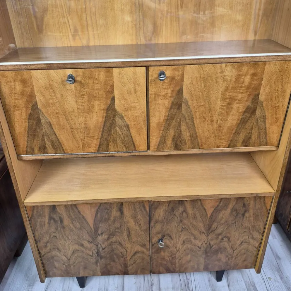 Restored Mid-Century Tapered Highboard Bar Cabinet in Walnut & Mahogany