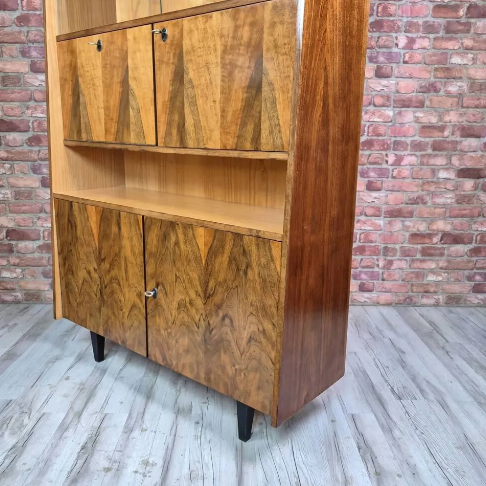 Restored Mid-Century Tapered Highboard Bar Cabinet in Walnut & Mahogany